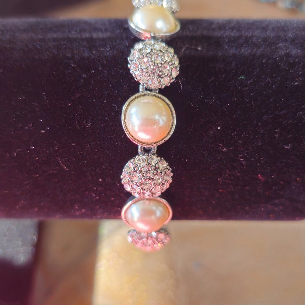 Monet Signed Vintage Silver Tone Faux Pearl and Rhinestone Bracelet